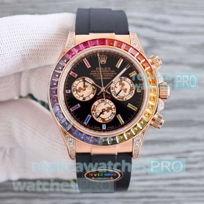 Swiss Replica Rolex Daytona Rose Gold Rainbow Baguettes N V13 7750 Watch 40mm